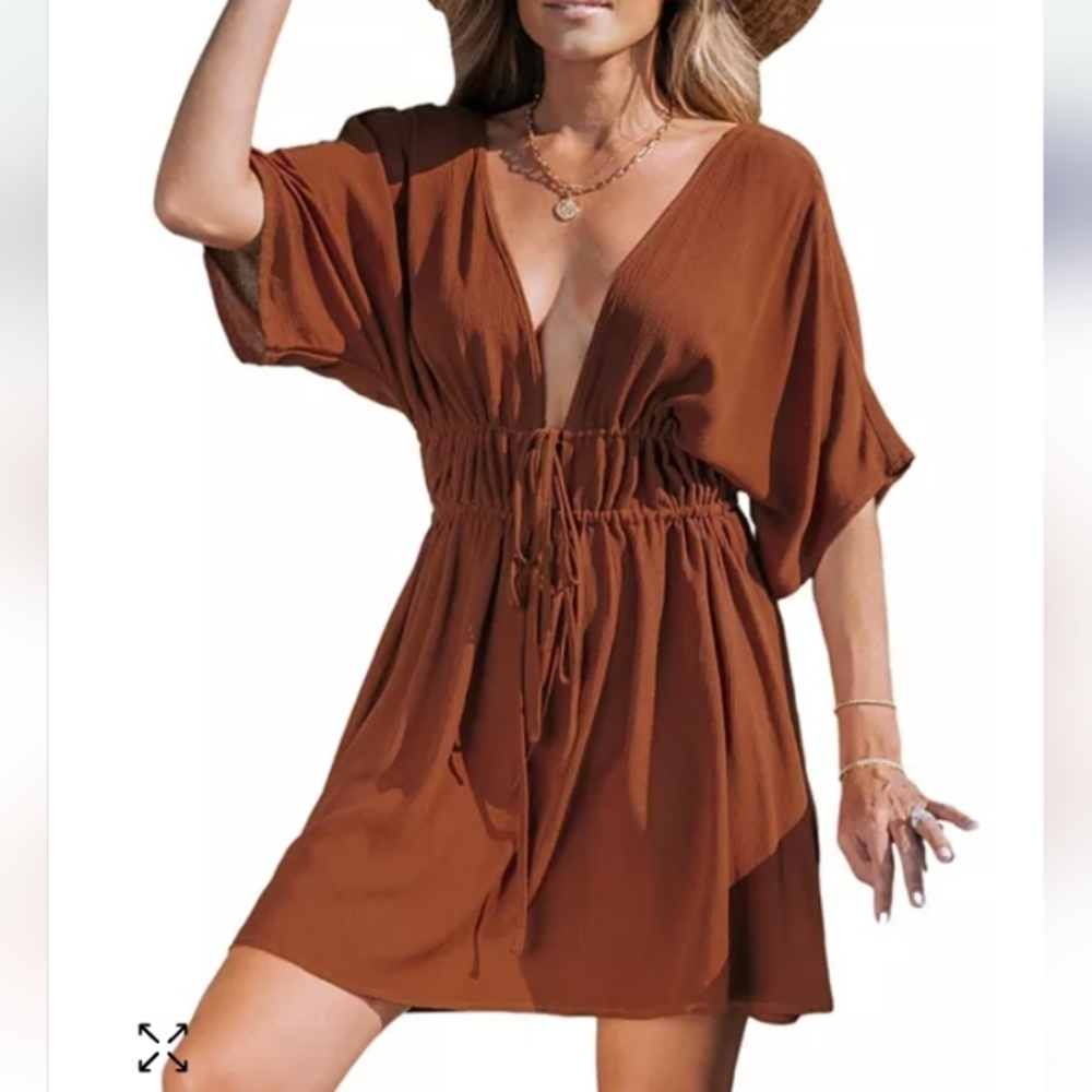 Cupshe V Neck Cover Up Dress‎ Rust Orange Pool Beach Vacation Size Medium